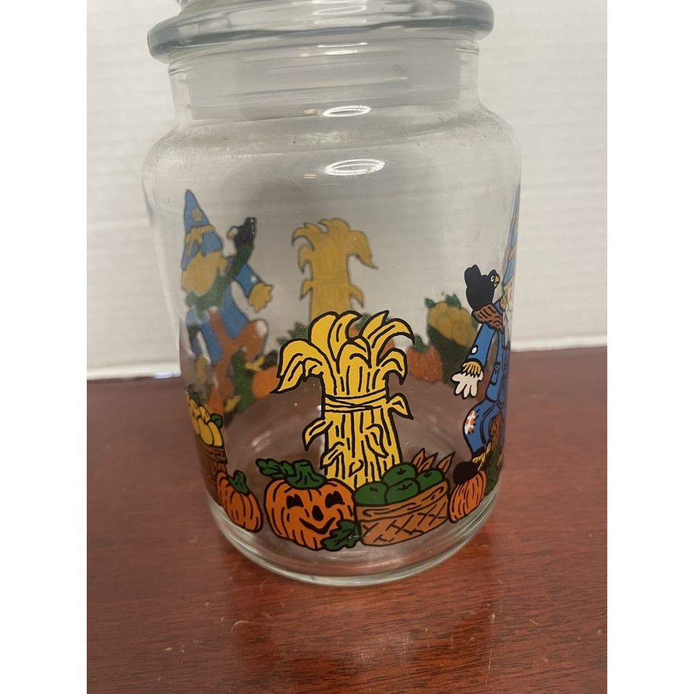 Vintage Libbey Glass Halloween Candy Jar W/ Lid Canister Scarecrow Pumpkin Patch - Picture 2 of 8